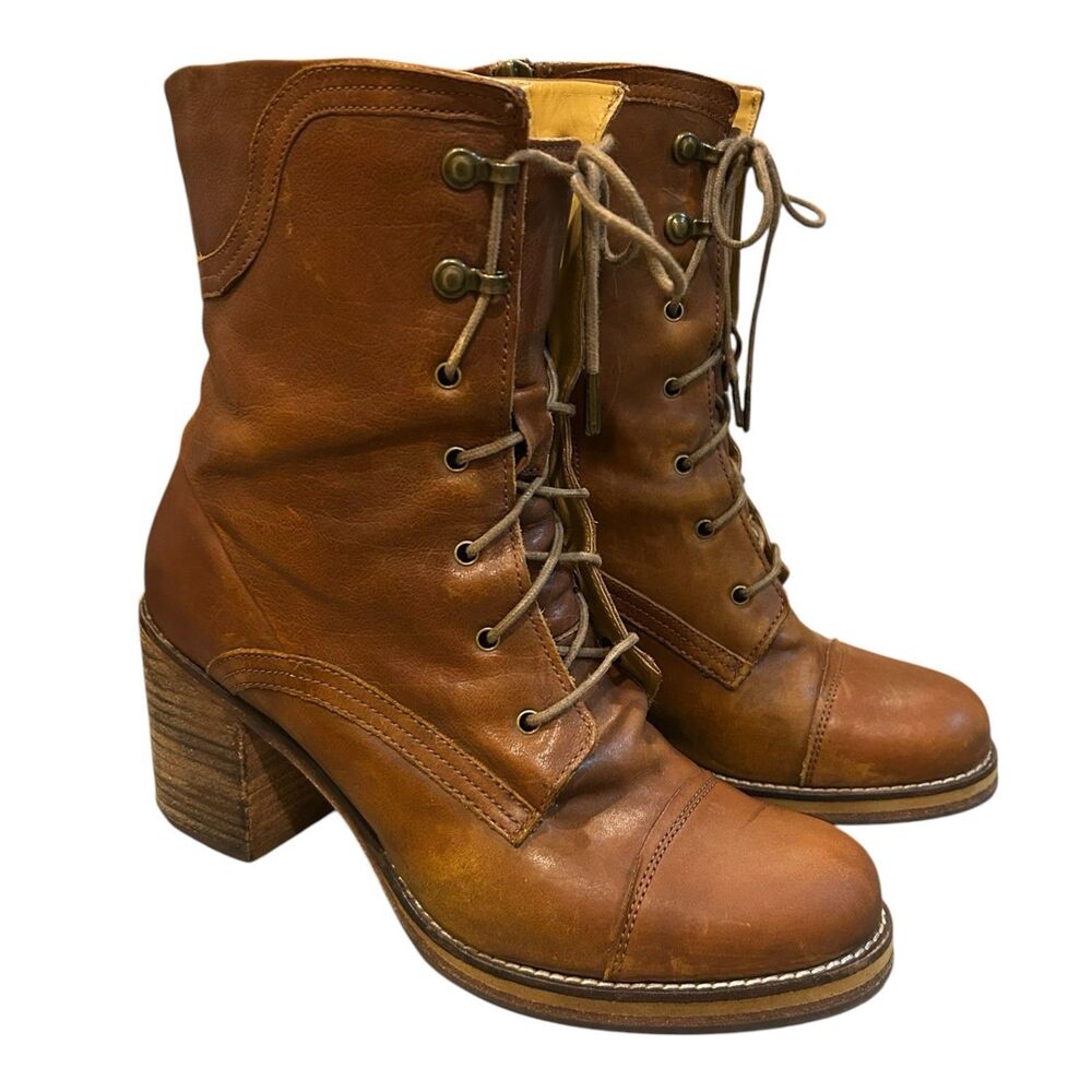 J Shoes Cognac Lace Up Mid Calf Boots Stack Heel Leather Sz 8 *Judgement